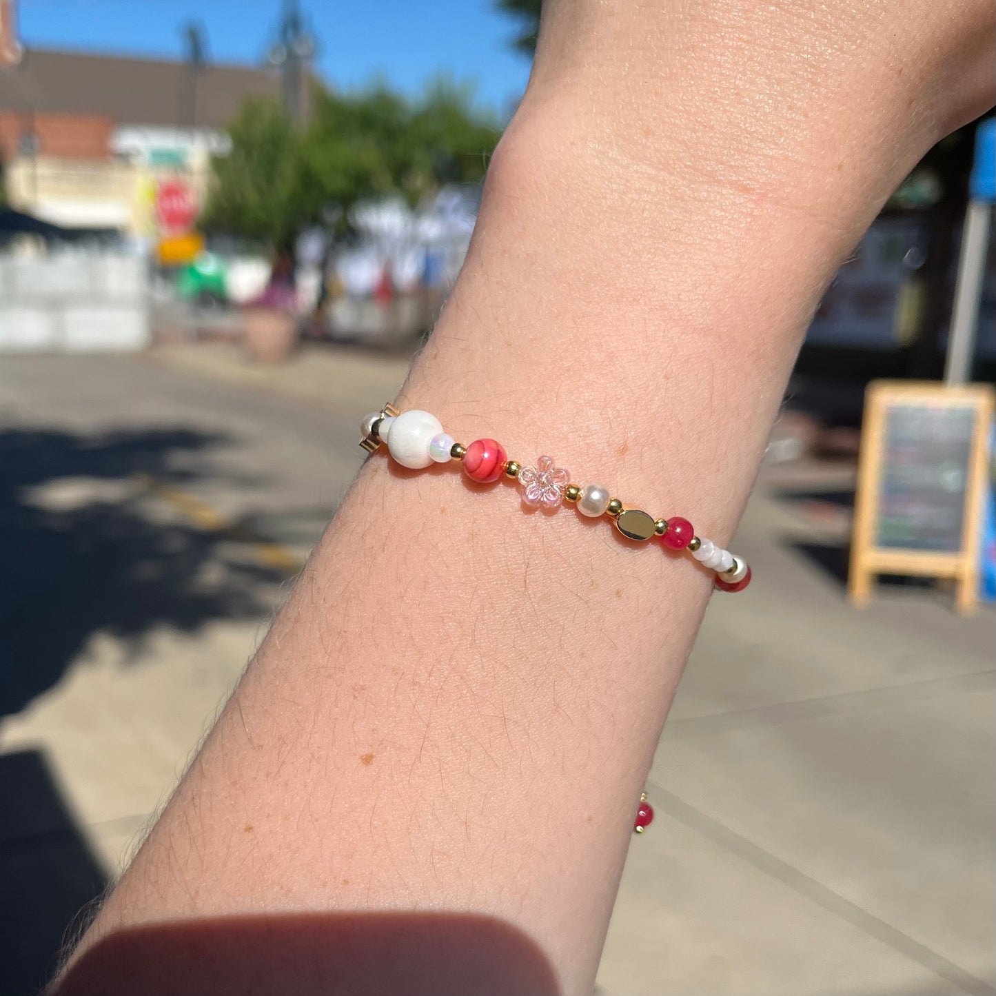 Pink Flower Power Adjustable Beaded Wire Bracelets