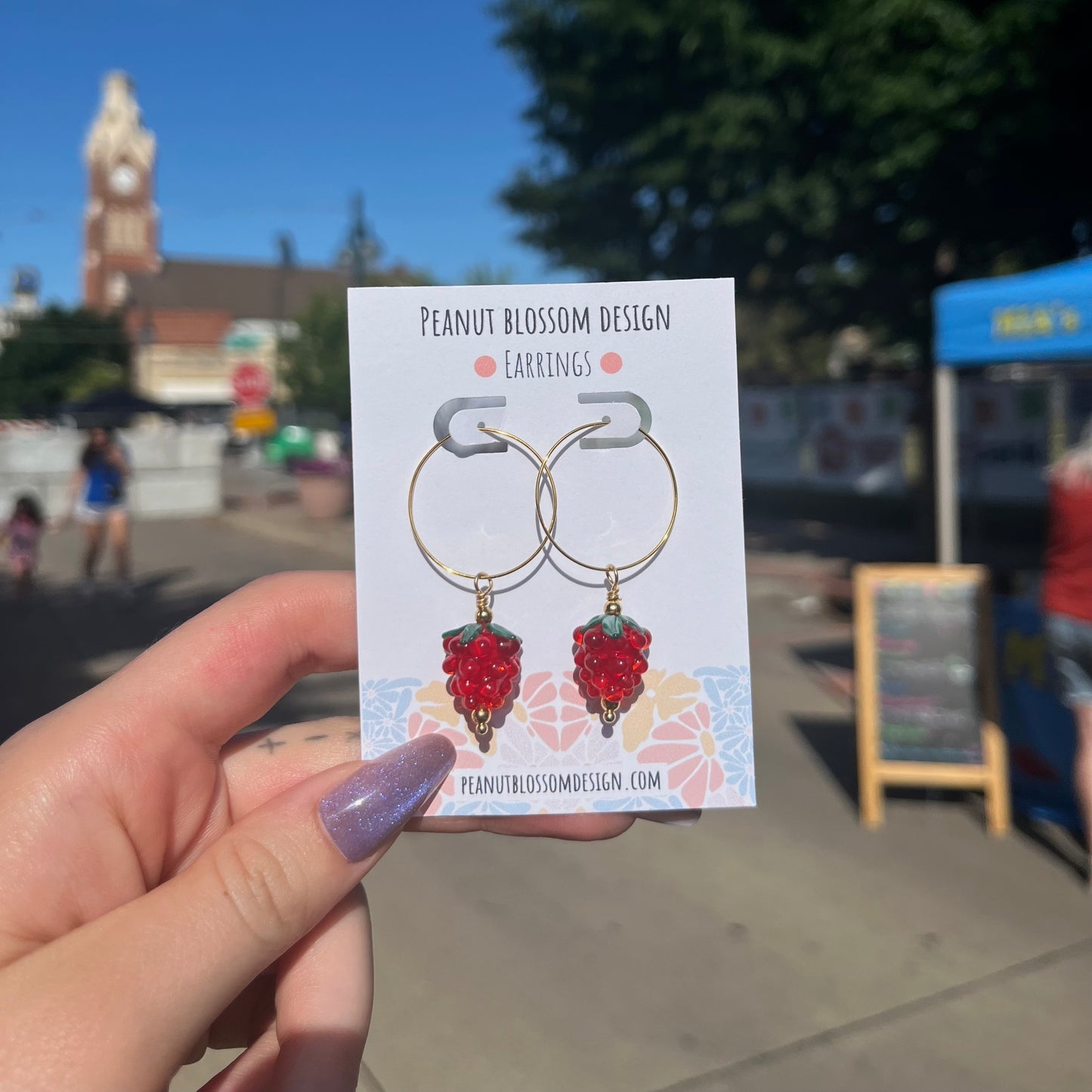 Raspberry Hoop Earrings Glass Beads