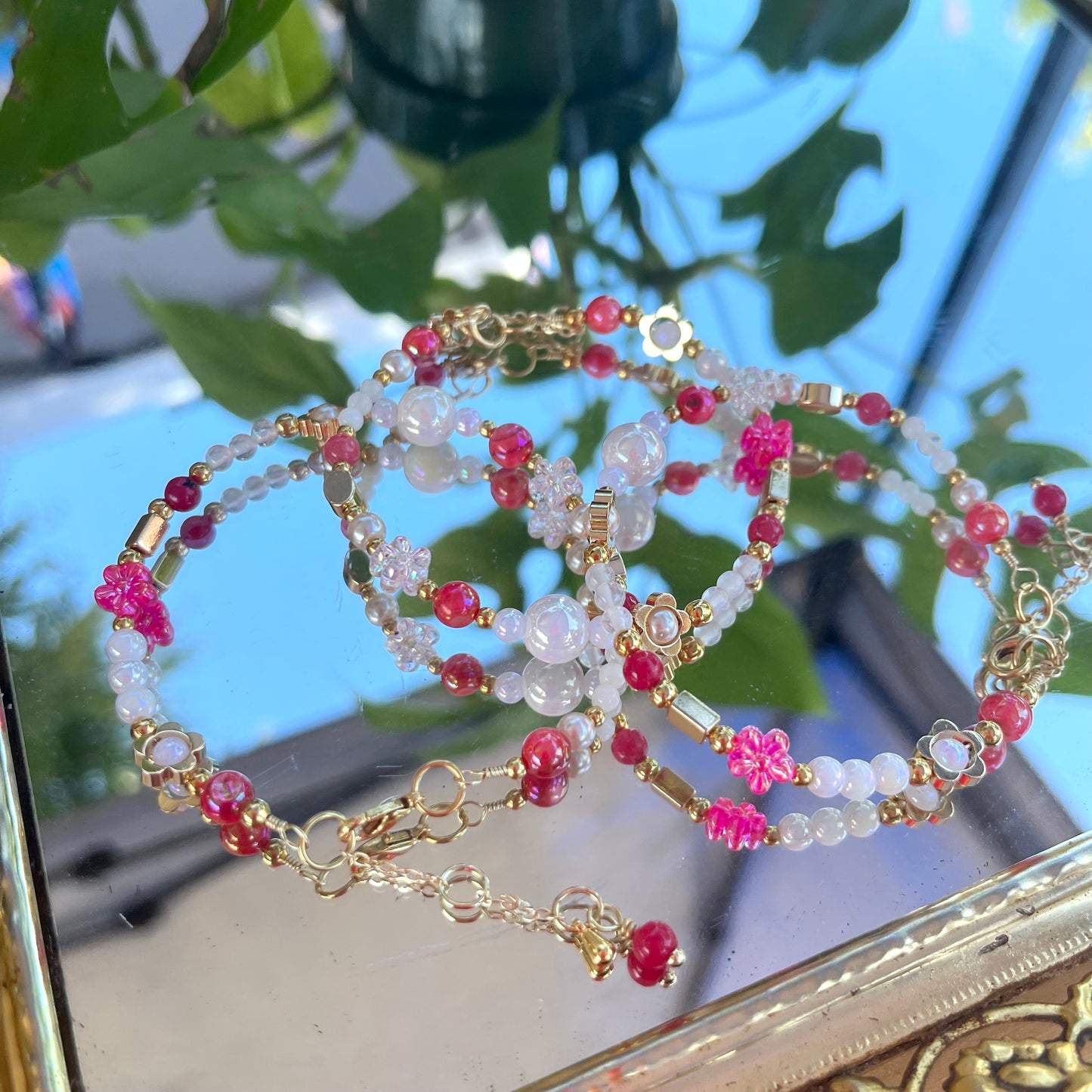 Pink Flower Power Adjustable Beaded Wire Bracelets