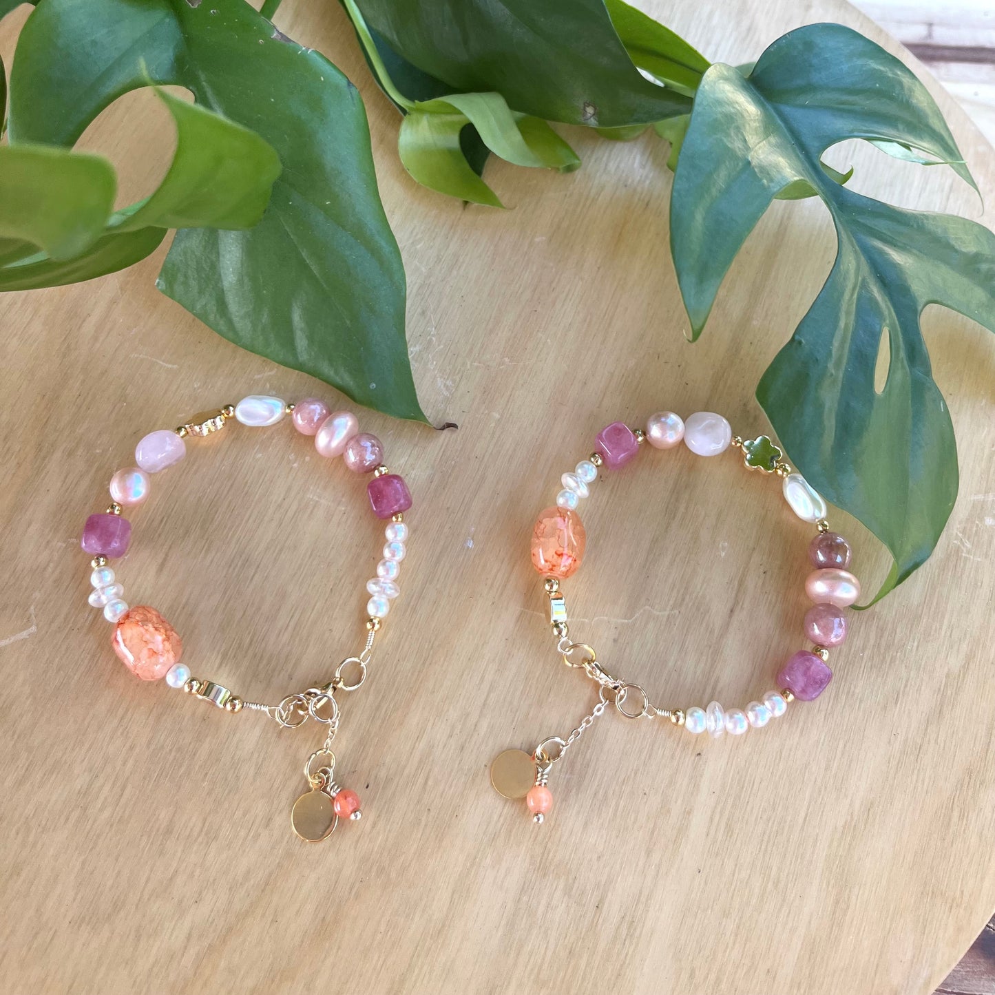 Pink and Orange Quartz Adjustable Beaded Wire Bracelets