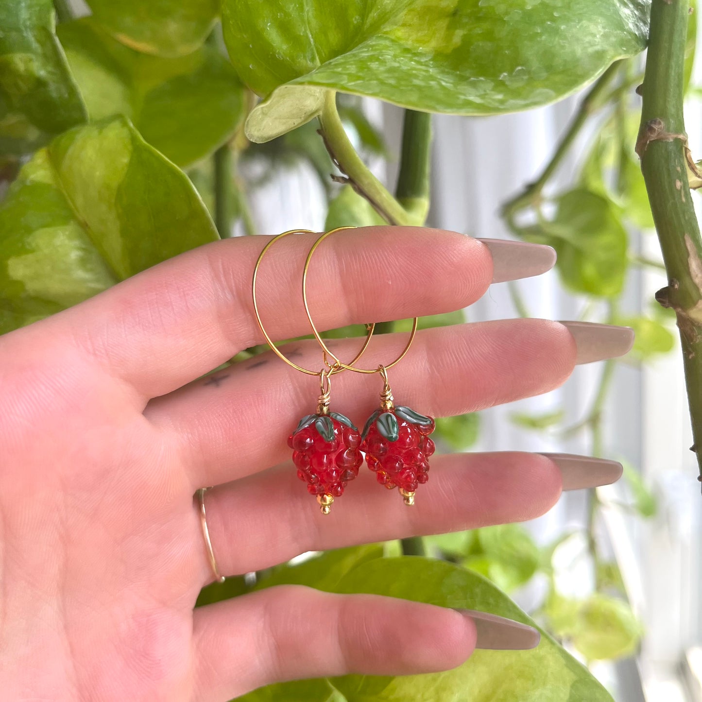 Raspberry Hoop Earrings Glass Beads