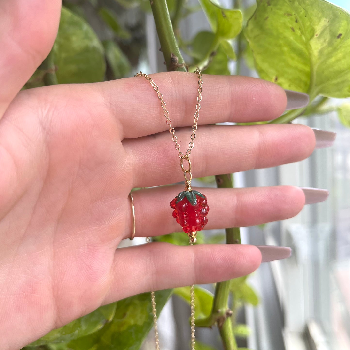 Raspberry Necklace Glass Bead