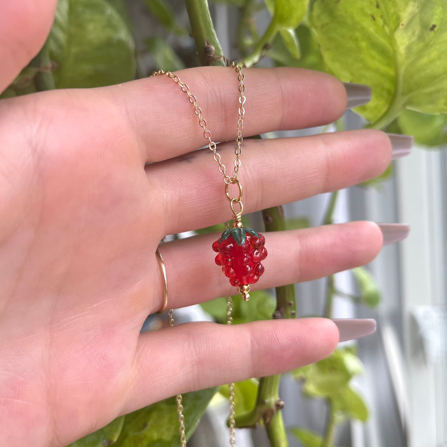 Raspberry Necklace Glass Bead