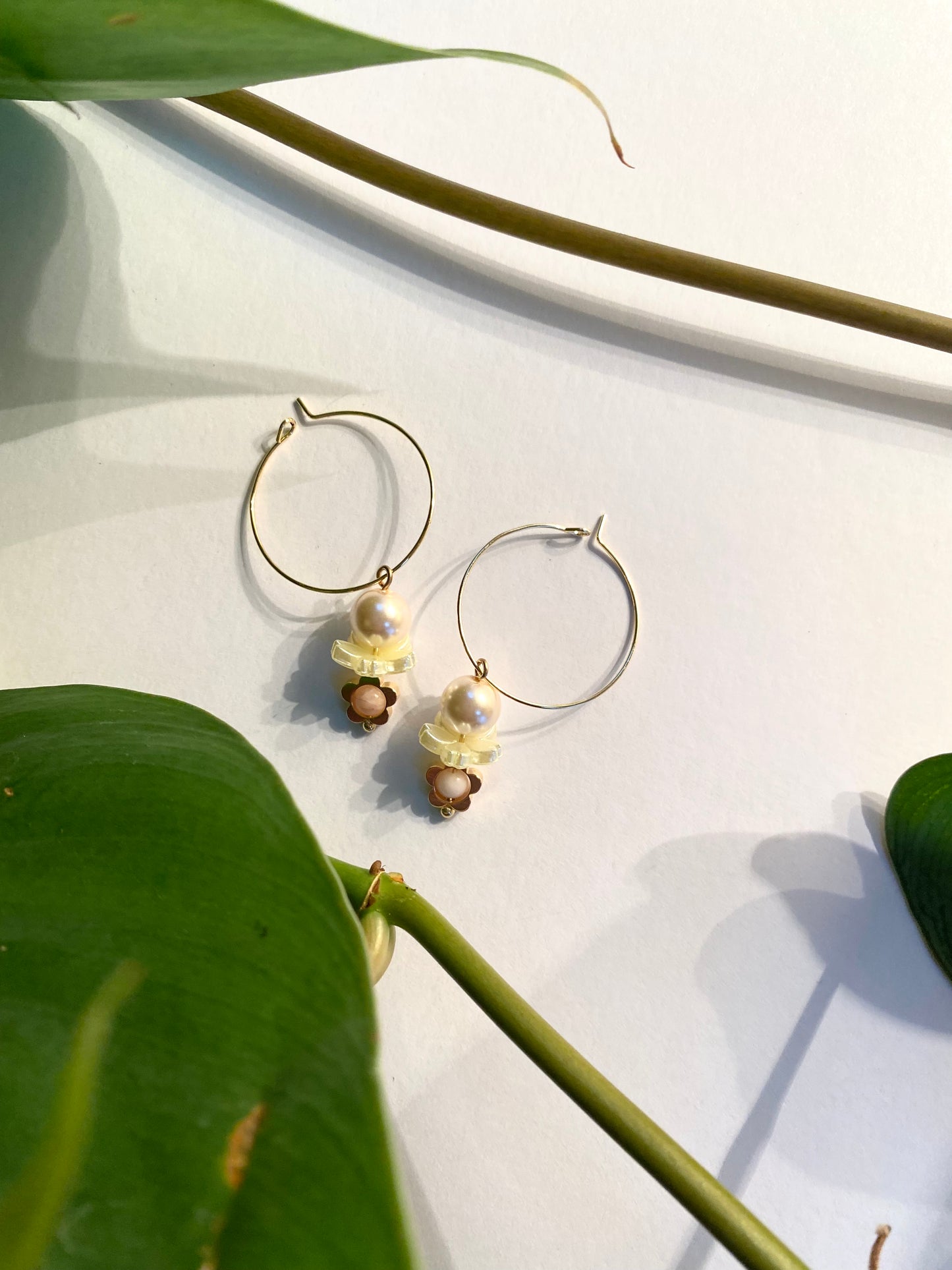 Pink Pearl Bead with Floral Accents Hoop Earrings