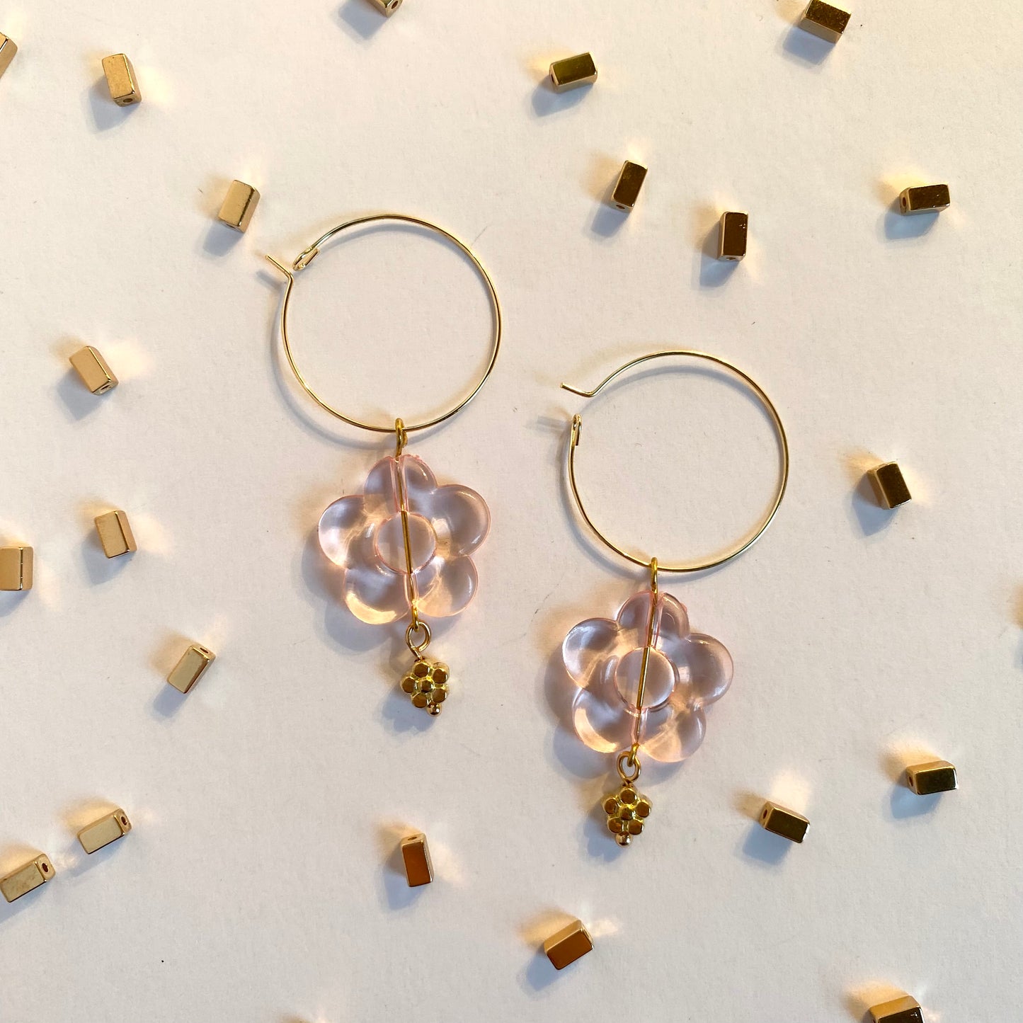 Pink Flower Earrings with Small Gold Flowers